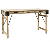 Wooden desk with metal accents on a white background